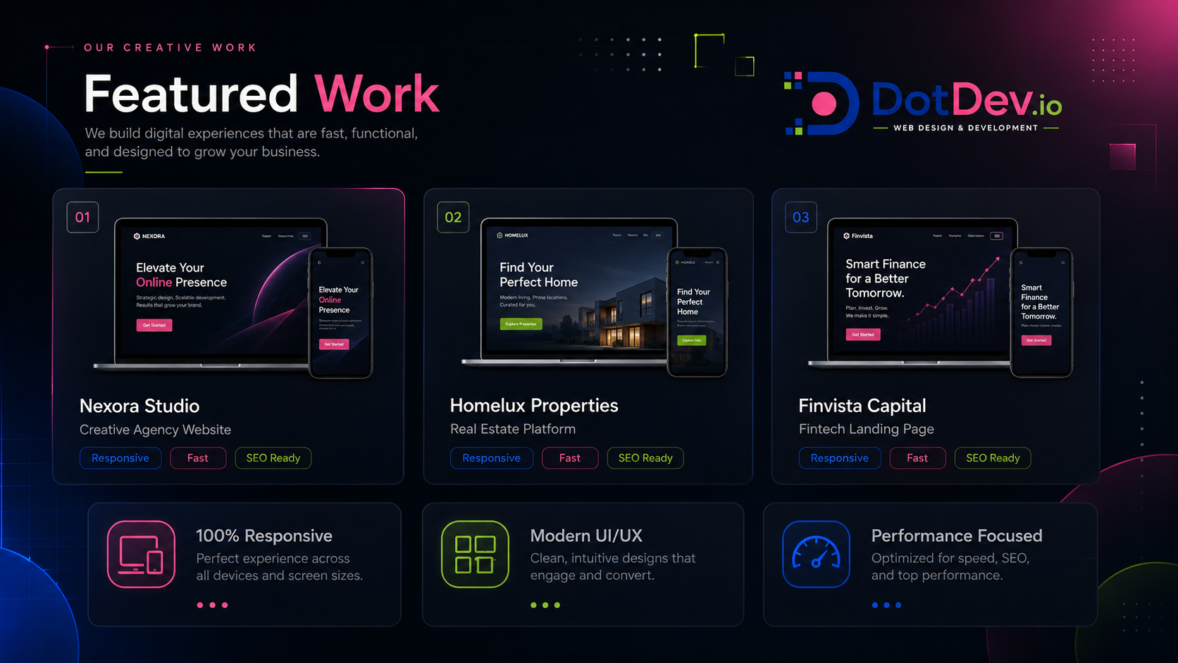 DotDev.io portfolio showcase cards